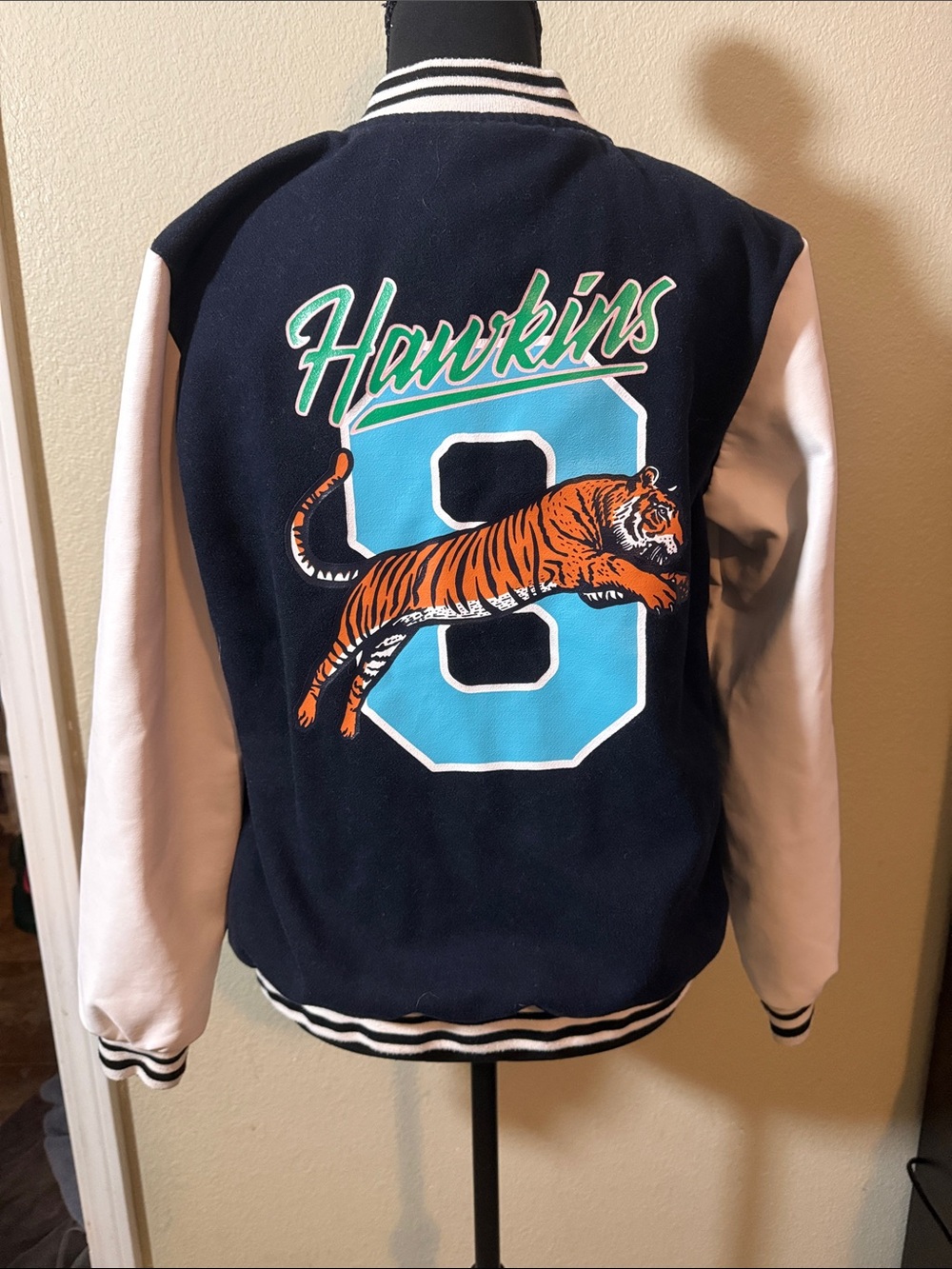 Justice stranger things Navy, White & Turquoise Hawkins Tiger Varsity Jacket